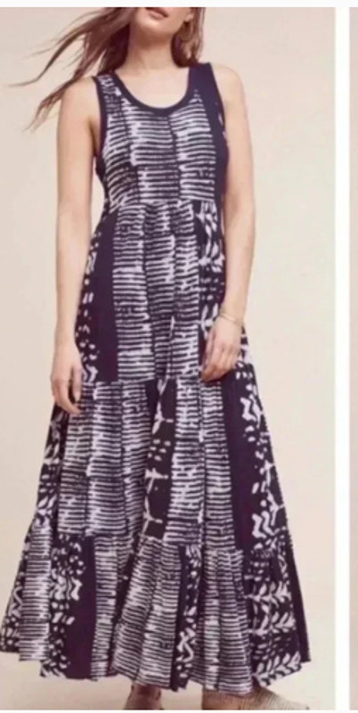 Anthropologie Holding Horses Xs Blue White Batik Knit Tiered Maxi Dress Boho